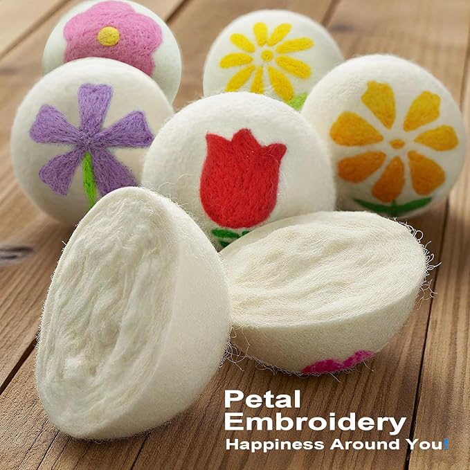 Wool Dryer Balls 6-Pack XL - Unique Petal Embroidery, Natural Reusable Laundry Fabric Softener, Reduces Wrinkles & Drying Time, Hypoallergenic & Leaves Fabrics Naturally Soft and Fluffy