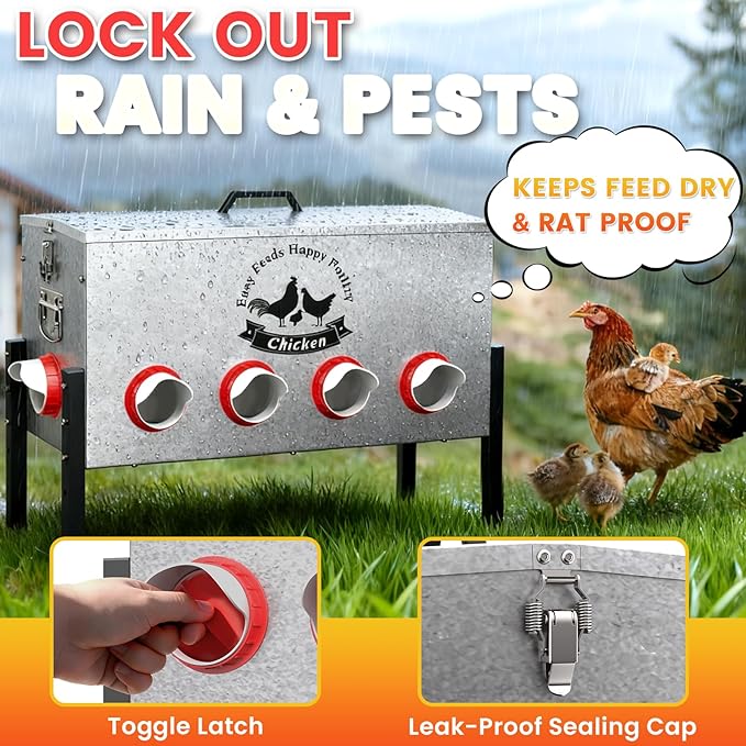 16gal Large Automatic Chicken Feeder - 88LB Capacity 10 Port No Waste Poultry Feeder, Rust-Proof Alloy Steel with Locking Lid & Adjustable Legs for Chickens, Ducks, Geese, Poultry