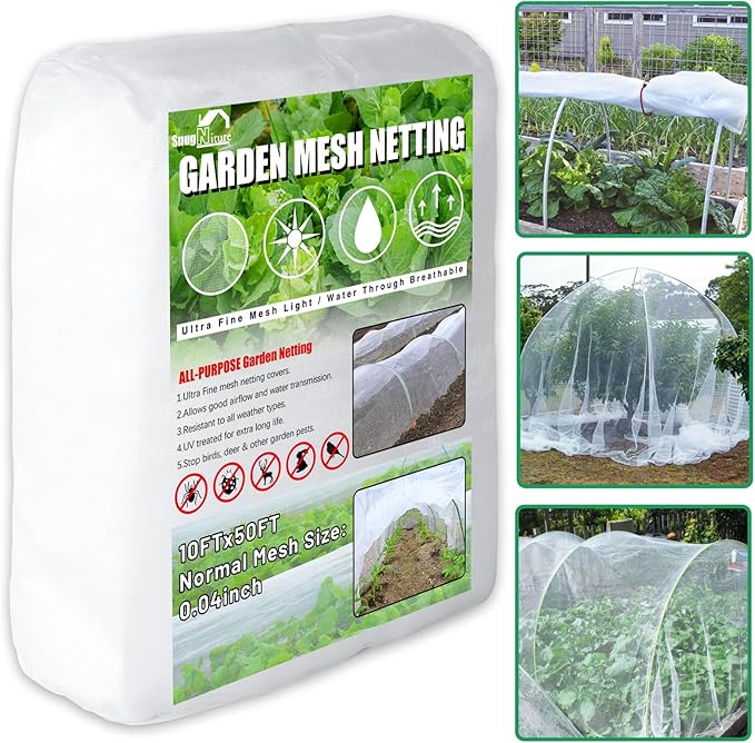 SnugNiture Garden Netting 10x50FT Ultra Fine Mesh Mosquito Netting Plant Covers, White Bird Netting Barrier Greenhouse Row Cover Protect Fruits Flower Vegetables from Birds Deer & Squirrels