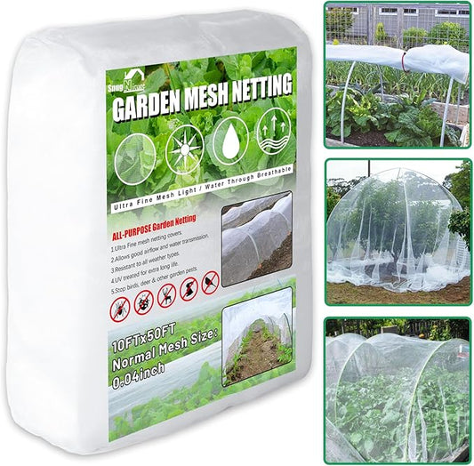 SnugNiture Garden Netting 10x50FT Ultra Fine Mesh Mosquito Netting Plant Covers, White Bird Netting Barrier Greenhouse Row Cover Protect Fruits Flower Vegetables from Birds Deer & Squirrels