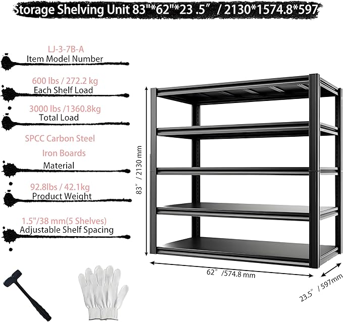 Industrial Storage Rack,Heavy-Duty Steel Shelving Unit,Multi-Purpose Garage Organization System Black 72" H x 62" W x 23.5" D 5-Tier