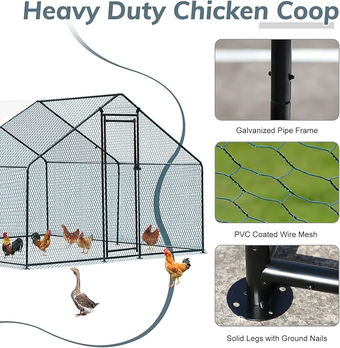 VINGLI Chicken Coop, Large Metal Poultry Cage for Chicken Run, Walk-in Chicken Pen with Waterproof & Anti-UV Cover Outdoor (Black-Spire Roof, 9.8 * 9.8 * 6.5 ft)