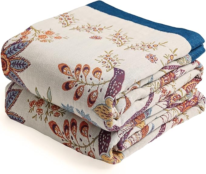 Boho Throw Blanket, 100% Organic Cotton Breathable Skin-Friendly Ultra Soft Bed Quilt Throw - All Season Floral Farmhouse Décor Luxury Blanket for Sofa Couch Chair and Gift. 91" x 98"