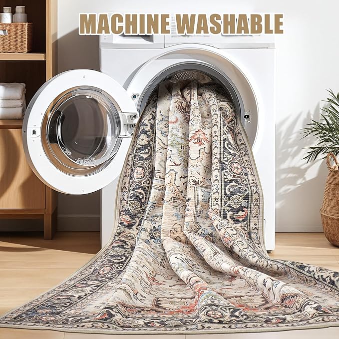 Area Rug for Living Room - 6x9 Soft Machine Washable Oriental Vintage Floral Distressed Large Indoor Floor Carpet for Bedroom Under Dining Table Home Office Decor - Multi
