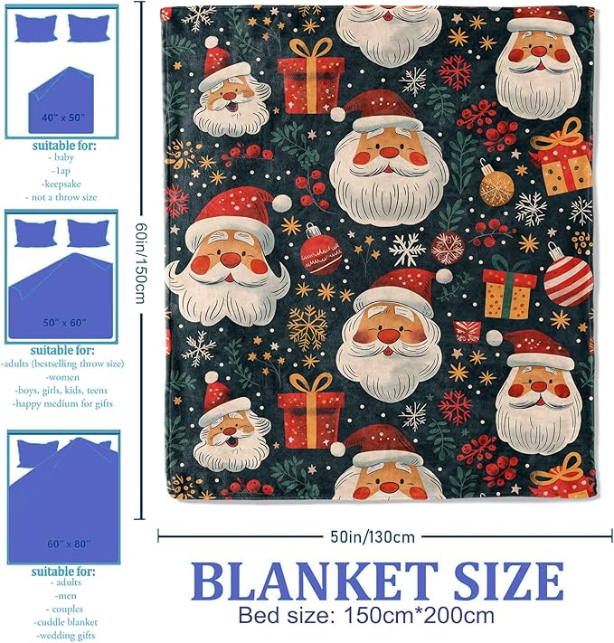 Santa Claus and Gifts Throw Blanket 40"x50", Christmas-Themed Blankets for Living Room Bedroom Decor, Soft Flannel Polyester Warm Cozy Gifts for Kids Adults