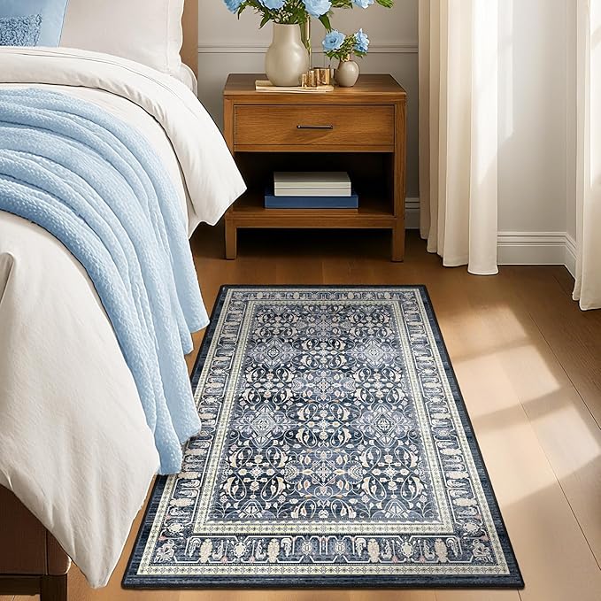 Dark Blue 3x5 Entryway Rug Indoor, Transitional Boho Floral Moroccan Trellis Printed Throw Rug for Kitchen, Ultra Thin for Machine Washable, Non Slip Area Rug for Foyer/Dorm/Bedroom Bedside