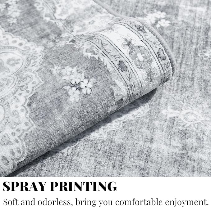 MUJOO Grey Runner Rug 2'x6', Long Washable Rug Runners for Hallways Entryway Kitchen Bathroom Bedside,Boho Vintage Bohemian Distressed Farmhouse Non Slip Carpet,Floral