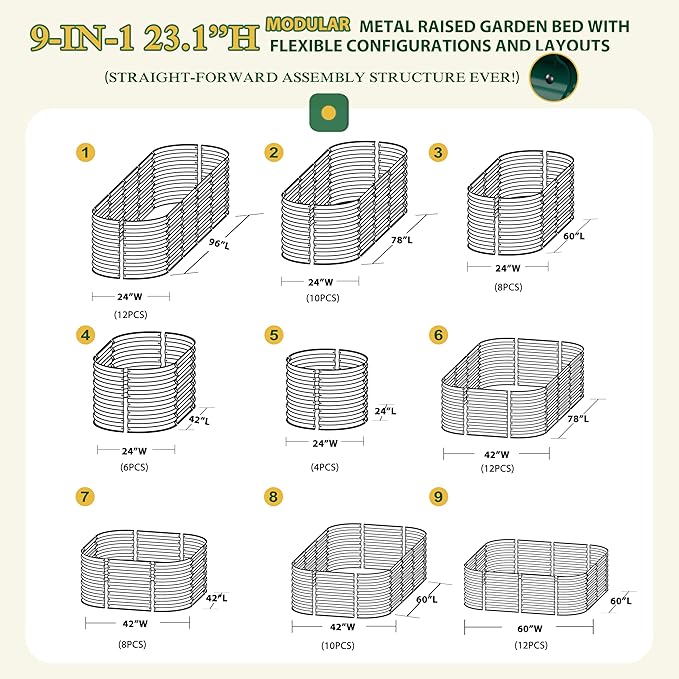 MUPATER Galvanized Raised Garden Bed 8x2x2ft, 9-in-1 Metal Raised Planter Box with Aluminum Support Rods Oval for Outdoor Vegetable Flower, Backyard and Patio, Green