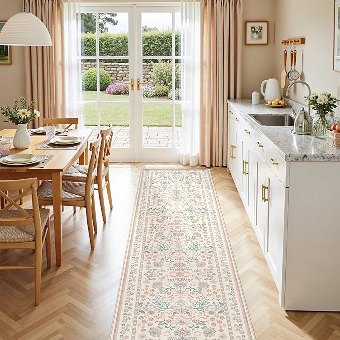 Runner Rug for Hallways Kitchen: 2x8 Washable Area Rug Boho Floral Soft Long Rug - Non-Slip Low Pile Throw Indoor Carpet for Entryway Kitchen Bedroom Laundry Bathroom - Pink