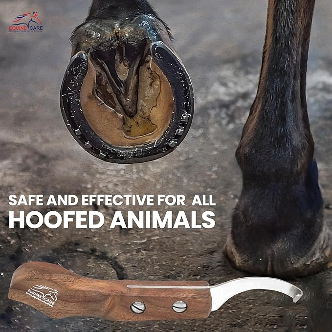 Equine Care Left-Handed Hoof Knife – Ultra-Sharp J2 Steel Blade | Professional Farrier Hoof Knife & Horse Hoof Trimmer | Ergonomic Wooden Handle for Horses & Livestock Hoof Care