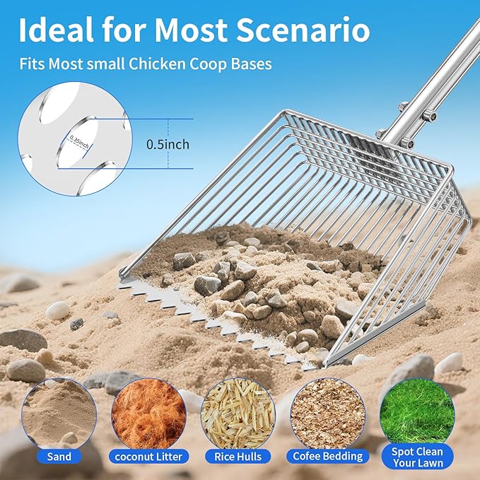 Chicken Poop Scooper & Rake 2-in-1,Chicken Litter Scoop with Handle(24 to 69") for Chicken Coop & Pet Waste Cleaning,304 Stainless Steel Shovel Head, Chicken Coop Accessories，Litter Sifting Shovel
