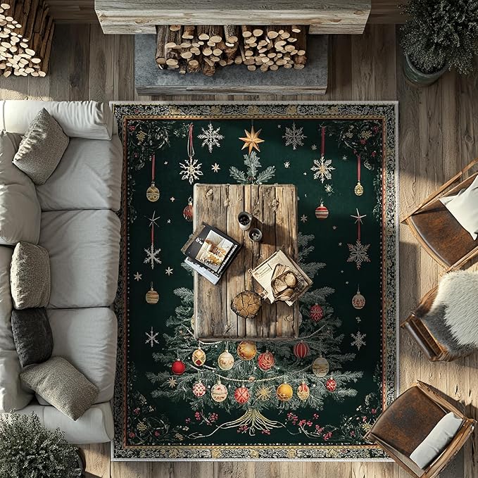 8x10 Christmas Tree Area Rugs Boho Christmas Tree Rug for Living Room Indoor Soft Non-Slip Thin Large Carpet Vintage Rugs for Bedroom Home Decor Under Table Washable Machine