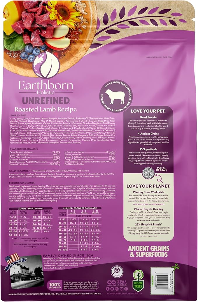 Earthborn Holistic Unrefined Roasted Lamb 25 lb. Ancient Grains & Superfoods Dry Dog Food