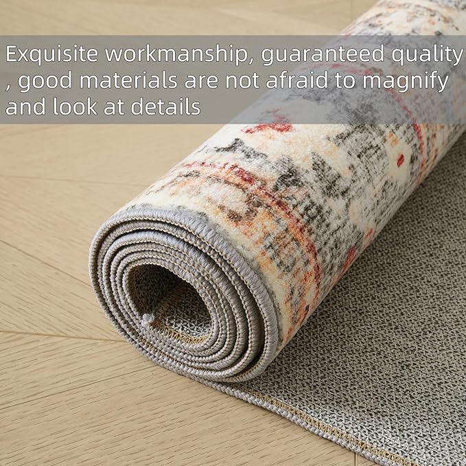 Area Rug 5x7 Living Room Rugs,Machine Washable Rug,Stain Resistant Soft Thin Floral Carpet,Green Boho Vintage Home Decor,Indoor Non-Slip Rugs,for Bedroom,Office,Farmhouse,Dining