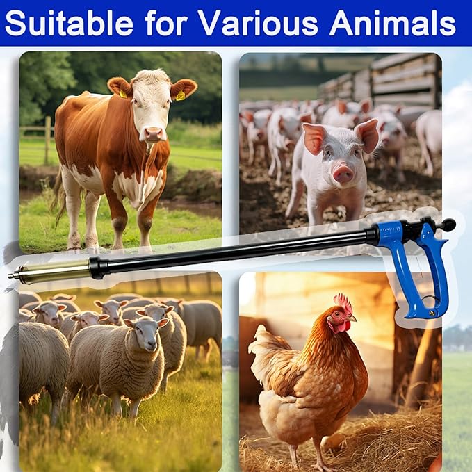 50ML Long Arms Livestock Syringe Gun, 5 Gears Adjustable Animals Injector Continuous Cattle Syringe Gun with Luer Lock, Suitable for Pigs, Cattle, Sheep, Horses, Etc