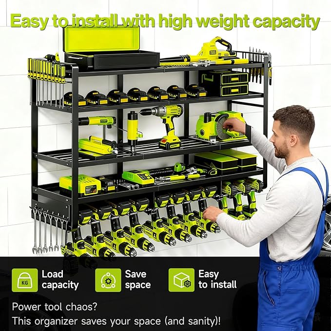 49" Heavy Duty Wall Mount Power Tool Organizer, 4-Tier Storage Rack with 12 Drill Holders & Battery Shelves, 600LBS Capacity for Garage Workshop