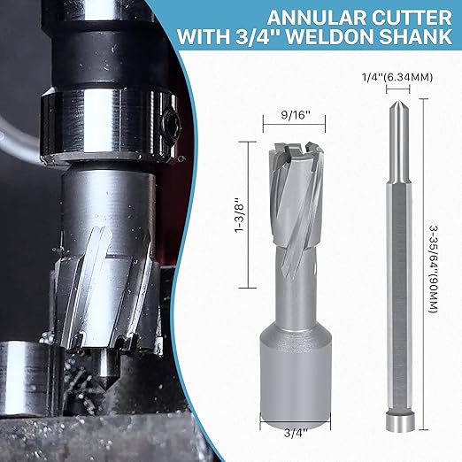 KEENTECH 2-PC Carbide-Tipped Annular Cutter Set, 9/16" Dia x 1-3/8" Depth, 3/4" Weldon Shank (2 Flat), High Speed Cutting TCT Mag Drill Bit with Pilot Pin for Harder Material