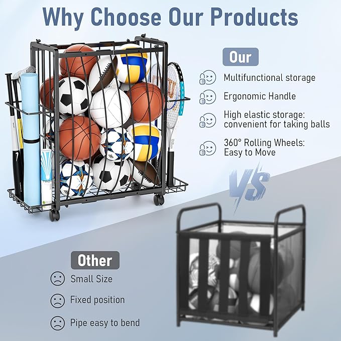 Sports Equipment Garage Organizer,Garage Ball Storage Rack for Sports with Wheels-Upgraded 3 Layers Organizer Rack Outdoor Basketball Racks for Balls with Holder and Hooks (Bright Black)