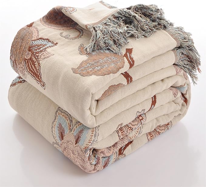 Boho Throw Blanket, 100% Cotton Ultra Soft Luxury Throw Rustic Quilt, Muslin Breathable Soft Bed Throw ，All Throw for Sofa Couch Chair 80×90 Inch