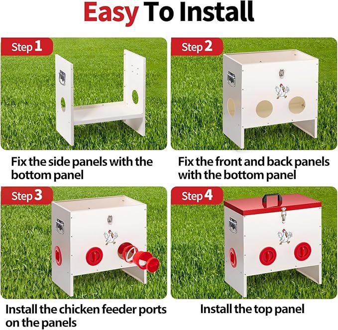 Metal Chicken Feeder 30-50 LBS Capacity, Automatic Poultry Feeder with 6 Ports, No-Waste Weather-Resistant Animal-Proof Gravity Feeder Outdoor Feed Bin for Chickens Ducks Geese Turkeys
