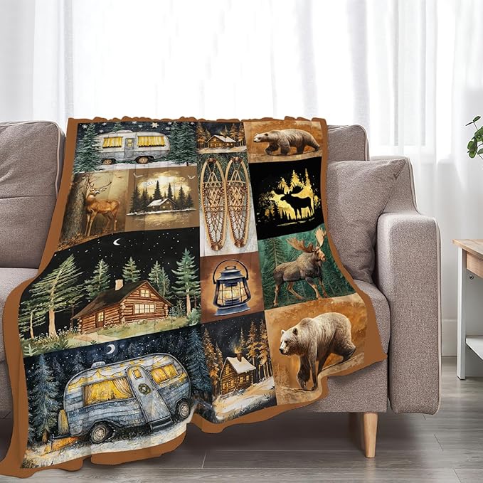 Camping Blanket Cabin Bear Deer Throw Blankets Gifts for Girls Boys Kids Camping Lover Soft Cozy Fleece Plush for Couch Sofa Bed 60"x50"