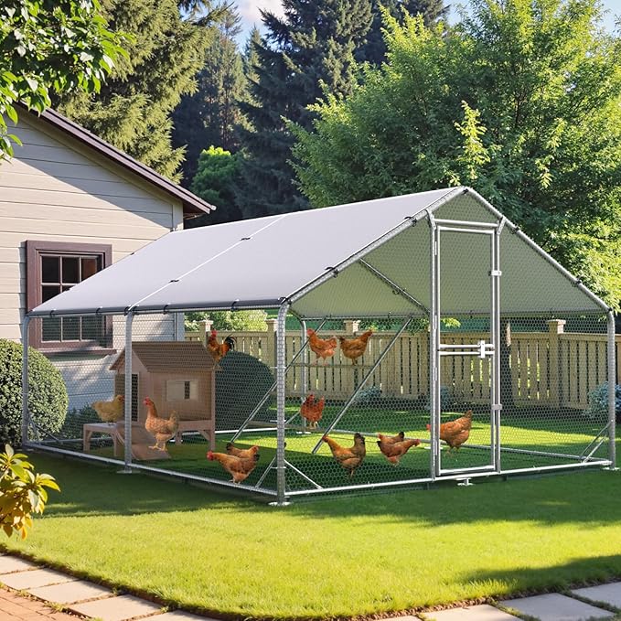 Large Chicken Coop,Metal Chicken Run for Yard with Feeding Door,Walk-in Chicken Pen for 10-20 Chickens,Outdoor Poultry Cage with Anti-UV Cover,Duck Rabbit House