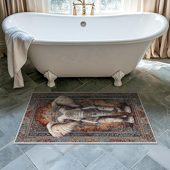 2x3 Elephant Area Rugs Boho Elephant Rug for Bathroom Kitchen Entryway Indoor Soft Non-Slip Thin Hippie Carpet Vintage Small Brown Doormat for Office Dining Room Under Table Washable Machine