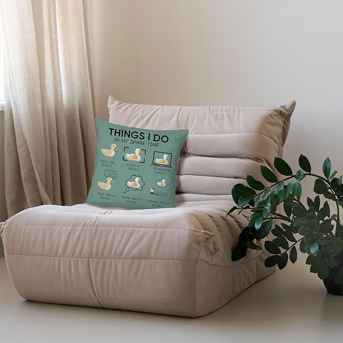 Funny Duck Throw Pillow Covers 18 x 18-Things I Do in My Spare Time Duck Decorative Pillow Covers,Funny Duck Gifts,Duck Gifts for Duck Lovers,Duck Themed Gifts for Women,Duck Decor (Green)