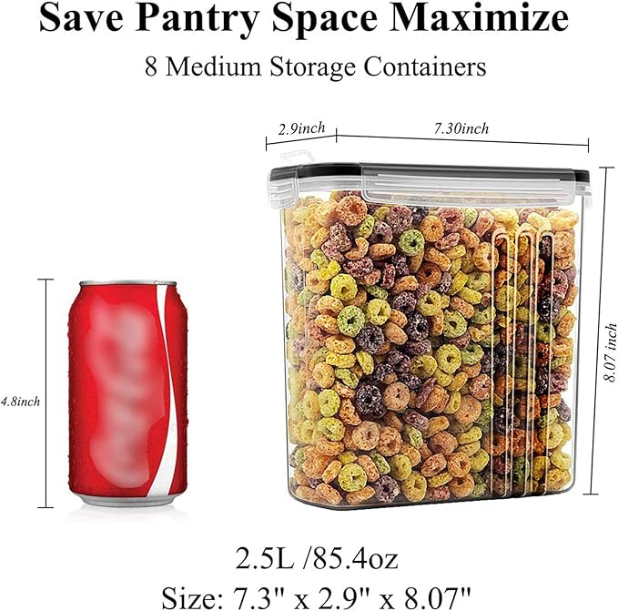 Wildone Cereal & Dry Food Storage Containers, Airtight Cereal Storage Containers Set of 8 [2.5L / 85.4oz] for Sugar, Flour, Snack, Baking Supplies, Leak-proof with Black Locking Lids