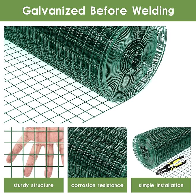 Tongmo 24" x 100' Green Chicken Wire Fencing, 19 Gauge Green Wire Fence, 1"x1" Mesh Size Metal Welded Wire Garden Fence Roll, Poultry Netting for Rabbit/Duck/Chicken