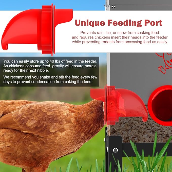 Automatic Chicken Feeder, 40 Lb Capacity 6 Port Large Metal Chicken Feeders, No Waste Poultry Feeder with Locking Lid & Legs, Large Chicken Feeder for Inside Chicken Coops