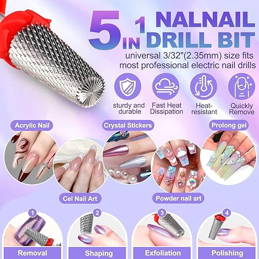 Fantexy 3/32" Carbide Nail Drill Bit - Remove Acrylic Hard Gels Quickly and Safely, 5-in-1 Tungsten Carbide Nail Drill Bit for Nail Art,Manicure,Pedicure,Gel,Cuticle Clean(Fine - F)