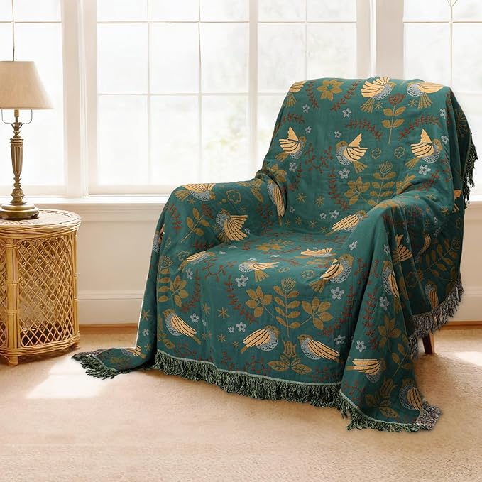 MACEVIA 100% Cotton Boho Throw Blanket, Soft Lightweight Green Bird Floral Design, 90"x98" King Size Bedspread for Couch Sofa, Bed, Travel, Cottagecore Decor, with Fringe Tassels (Bird Floral)