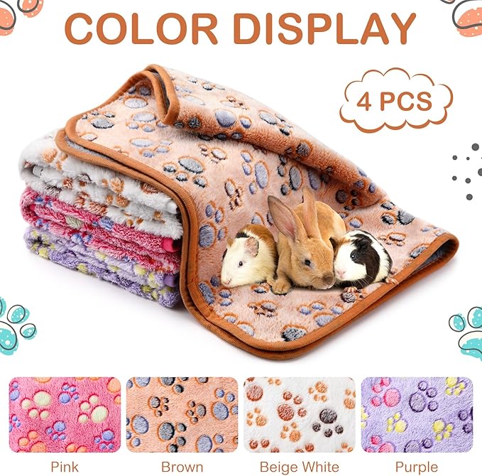 Reginary 4 Pcs Waterproof Guinea Pig Blankets Washable Small Animal Fleece Bedding Absorbent Guinea Pig Cage Liners Reusable Pet Pee Pad Sleep Mat for Hamster Ferret(Paw Print,18 x 13 Inch)