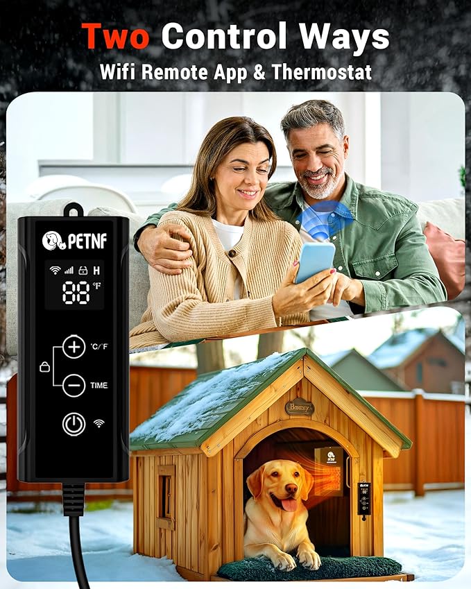 Dog House Heater – 45℉ to 113℉ Thermostat Controlled Pet House Heater with Wifi Remote App Control 300W Fast Heating Energy Saving Eco Mode Safe for Outside Dog House Winter Chicken Coop