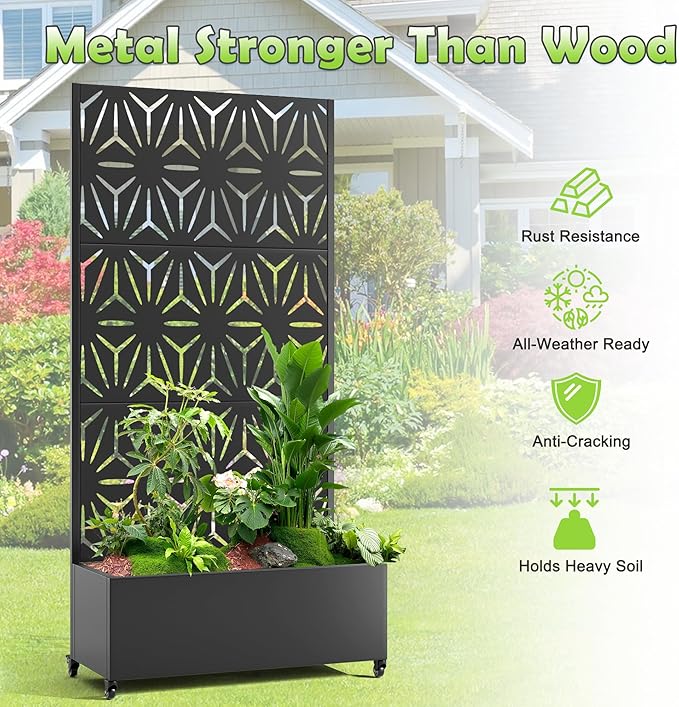15.7"×70.9"×35.4" Metal Raised Garden Bed with Trellis and Wheels - Tall Trellis Planter Box for Climbing Plants, Vegetables & Vines - Outdoor Privacy Planters for Patio (Black-Star)