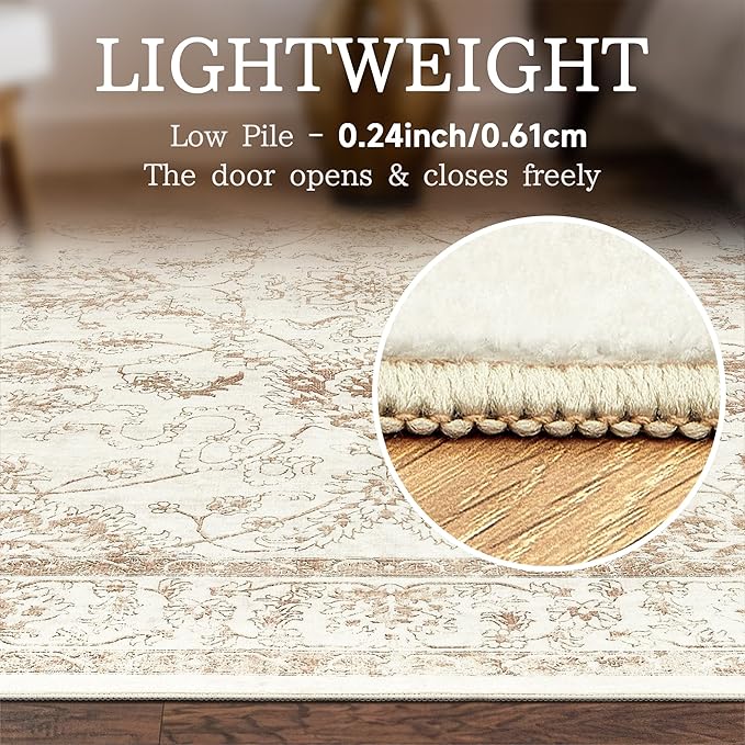 Madane 8x10 Area Rugs for Living Room, Machine Washable Vintage Rug with Non-Slip Backing, Soft Floral Print Large Throw Rugs, Thin Carpet for Bedroom Dining Room Farmhouse (8 x 10, Wood/Ivory)