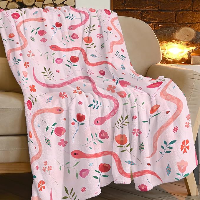 Cute Snake Reptile Blanket Ultra Soft Cozy Pink Flower Snake Throw Blanket Fleece Fuzzy Plush Bedding Blanket Real Snake Lovers Gifts for Women Girls Kids Adults Couch Sofa 60"x50"