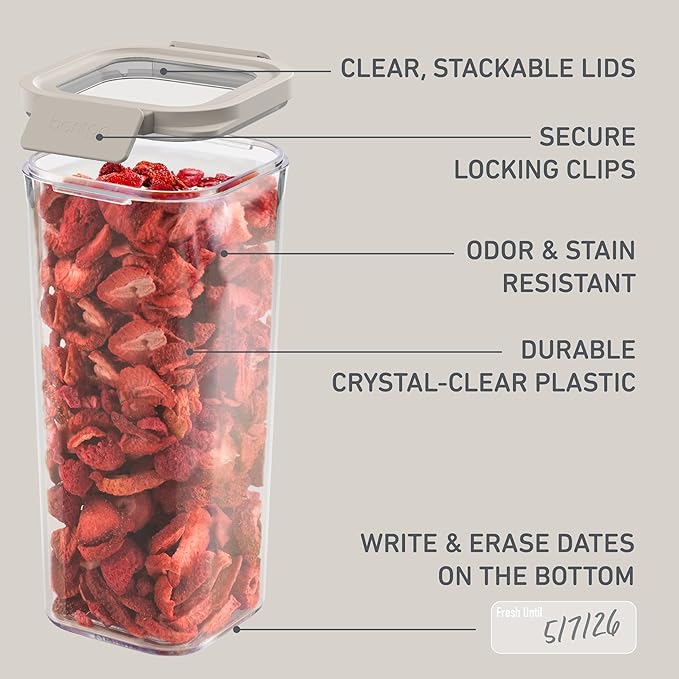 Bentgo Pantry - 10-Piece Airtight Food Storage Containers, Clear, Stackable Kitchen & Pantry Organization, Locking Lids for Freshness, BPA-Free Plastic - Ideal for Sugar, Flour, & More (White Stone)