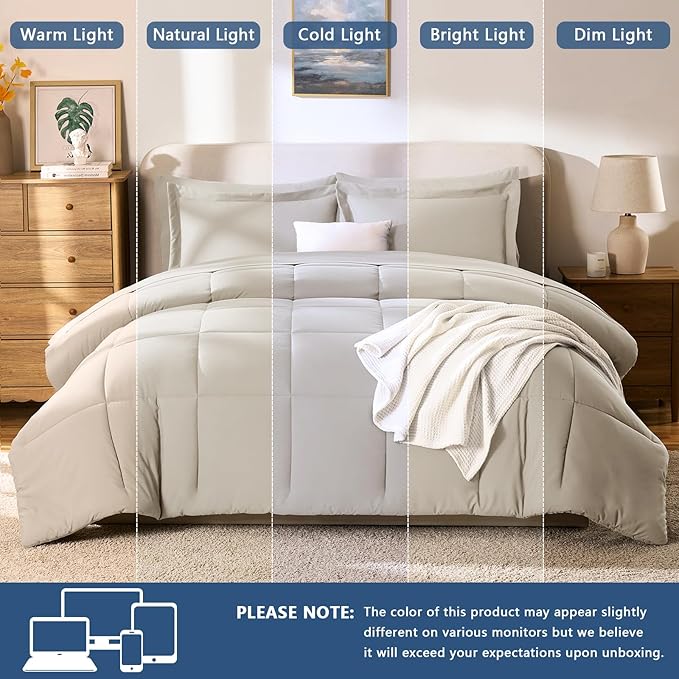 CozyLux King Size Comforter Set Beige - 7 Pieces Bed in a Bag King, Okeo-Tex Certifited Bedding Set, All Season Soft Bed Set with Down Alternative Comforter, Sheets, Pillowcases & Pillow Shams