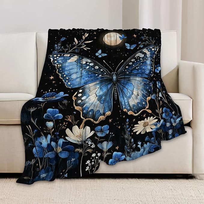 Butterfly Blanket, Blue Butterflies Throw Blanket, Flower Gifts Blankets Stuff Fleece Flannel Plush for Girls Women Men Boys Lovers Adults Soft Bedding Gift for Sofa Bed Office Home Decor 40"X50"