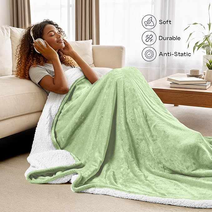 Utopia Bedding Sherpa Blanket Queen Size (Sage Green, 90x90 Inches) - Soft Lightweight Plush Fleece Reversible Blanket for Bed, Sofa, Couch, Camping and Travel