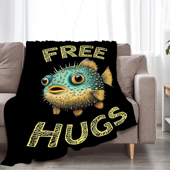 Puffer Fish Blanket Gifts for Girls Boys Soft Warm Plush Funny Puffer Fish Throw Blanket Flannel Fleece Fuzzy Cute Stuff Blanket for Bed Couch Living Room Decor 60"X50"