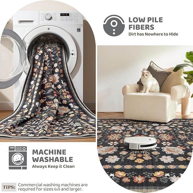 Runner Rug for Hallways Kitchen: 2x8 Washable Area Rug Boho Floral Soft Long Rug - Non-Slip Low Pile Throw Indoor Carpet for Entryway Kitchen Bedroom Laundry Bathroom - Black Grey