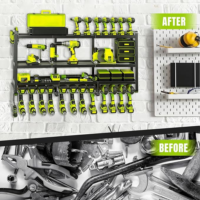 49" Heavy Duty Wall Mount Power Tool Organizer, 4-Tier Storage Rack with 12 Drill Holders & Battery Shelves, 600LBS Capacity for Garage Workshop