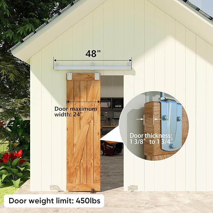 JUBEST 4FT Box Rail Exterior Barn Door Hardware Kit, Heavy-Duty Silver Sliding Barn Door Track System, Wall Mount Door Hardware Kits (Door Not Included)