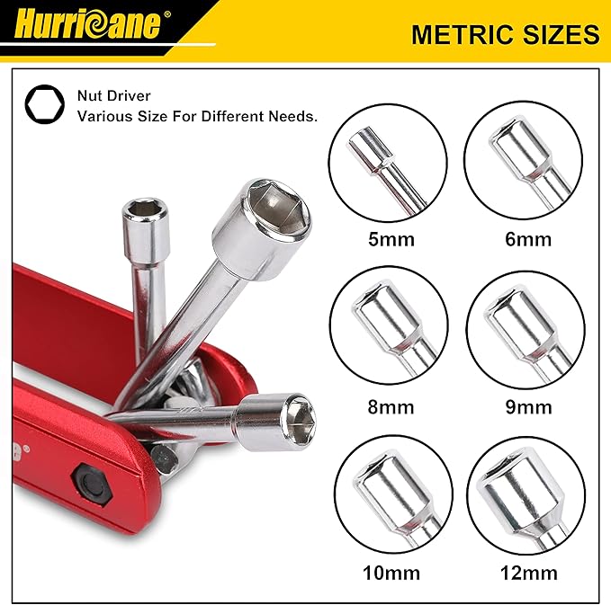 HURRICANE 6 in 1 Folding Nut Driver Set Metric, Hex Nut Driver Set, Folding Socket Wrench, Cr-V Steel Shank, Portable Premium Aluminum Handle. Easy to Carry Out. 5mm, 6mm, 8mm, 9mm, 10mm, 12mm
