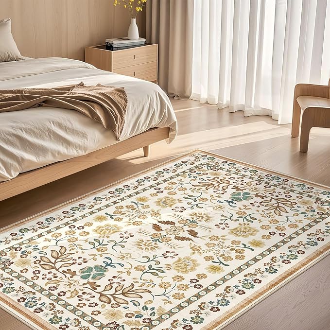 4x6 Area Rug Living Room Rugs - Washable Boho Vintage Floral Large Soft Non Slip Thin Rug Low Pile Carpet for Bedroom Dining Room Kids Playroom Office Decor Indoor- Brown