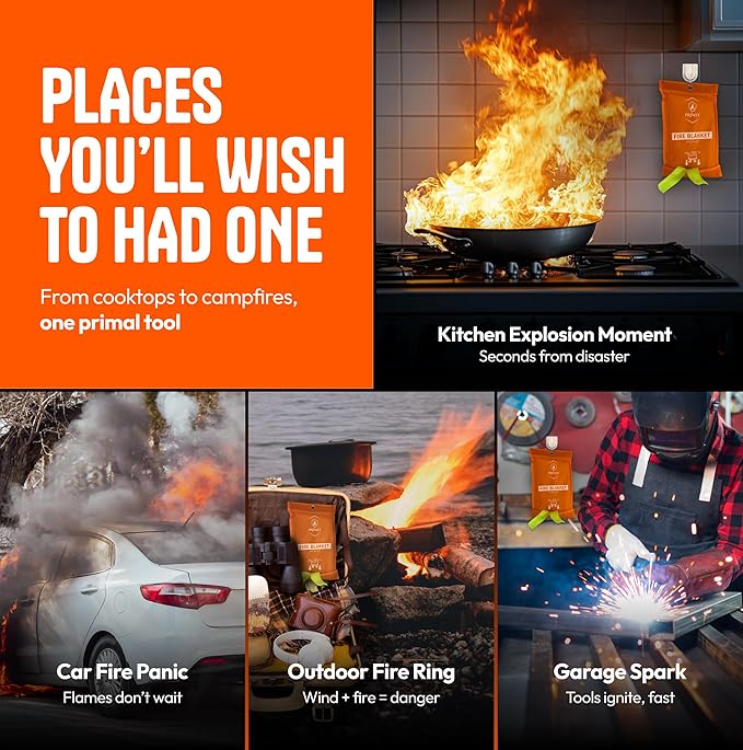 Emergency Fire Blanket 40"x40" (4-Pack) – Fireproof Survival Blanket for Home, Kitchen, RV & Camping – Smothers Grease & Electrical Fires – Reusable, Pet & Family Safe Fire Safety Gear