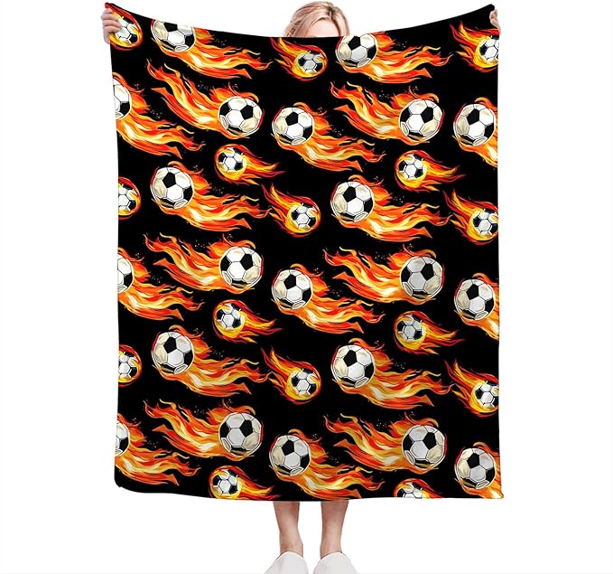 Soccer Blanket Gifts for Boys Girls Soft Warm Plush Soccer Fire Throw Blanket Flannel Fleece Fuzzy Sports Blanket for Kids Lovers Bed Couch Living Room Decor 80"X60"